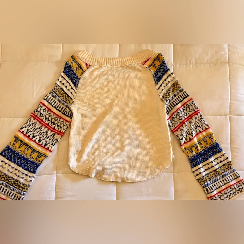 Free People Sweater Fairground Thermal Womens Large Cream Multicolor Knit Boho - Picture 3 of 8